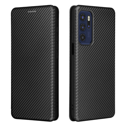 Carbon Fiber Texture Leather Automatic Absorption Case with Card Slot and Ring Strap for Motorola Moto G60S