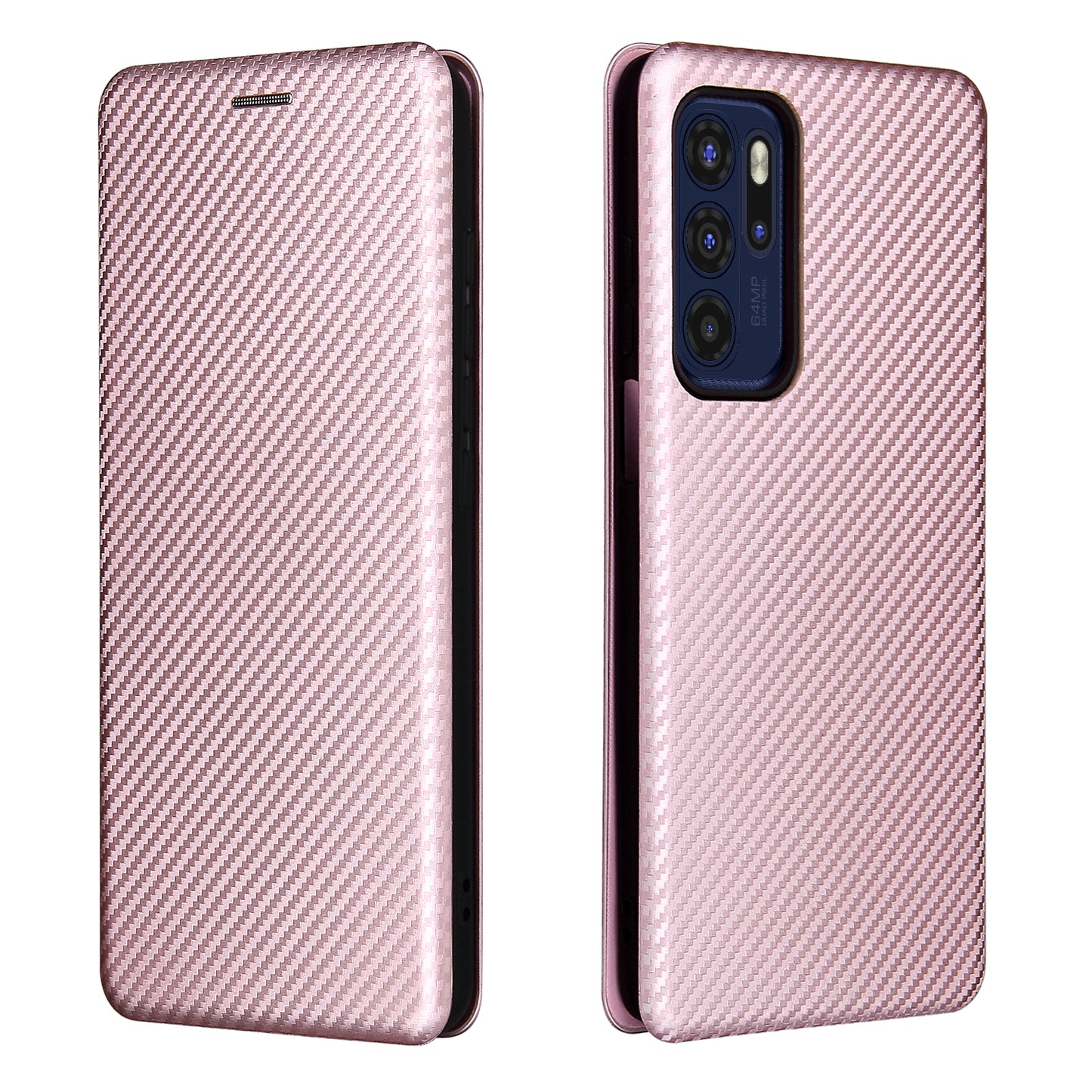 Carbon Fiber Texture Leather Automatic Absorption Case with Card Slot and Ring Strap for Motorola Moto G60S