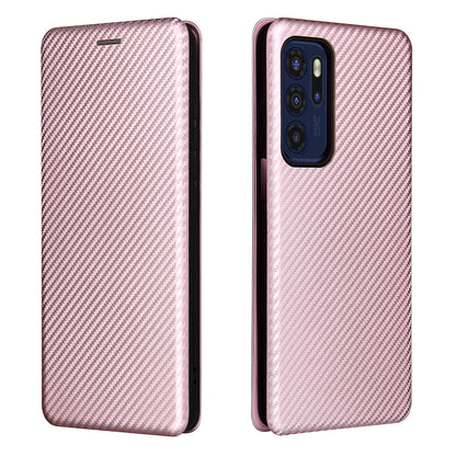 Carbon Fiber Texture Leather Automatic Absorption Case with Card Slot and Ring Strap for Motorola Moto G60S