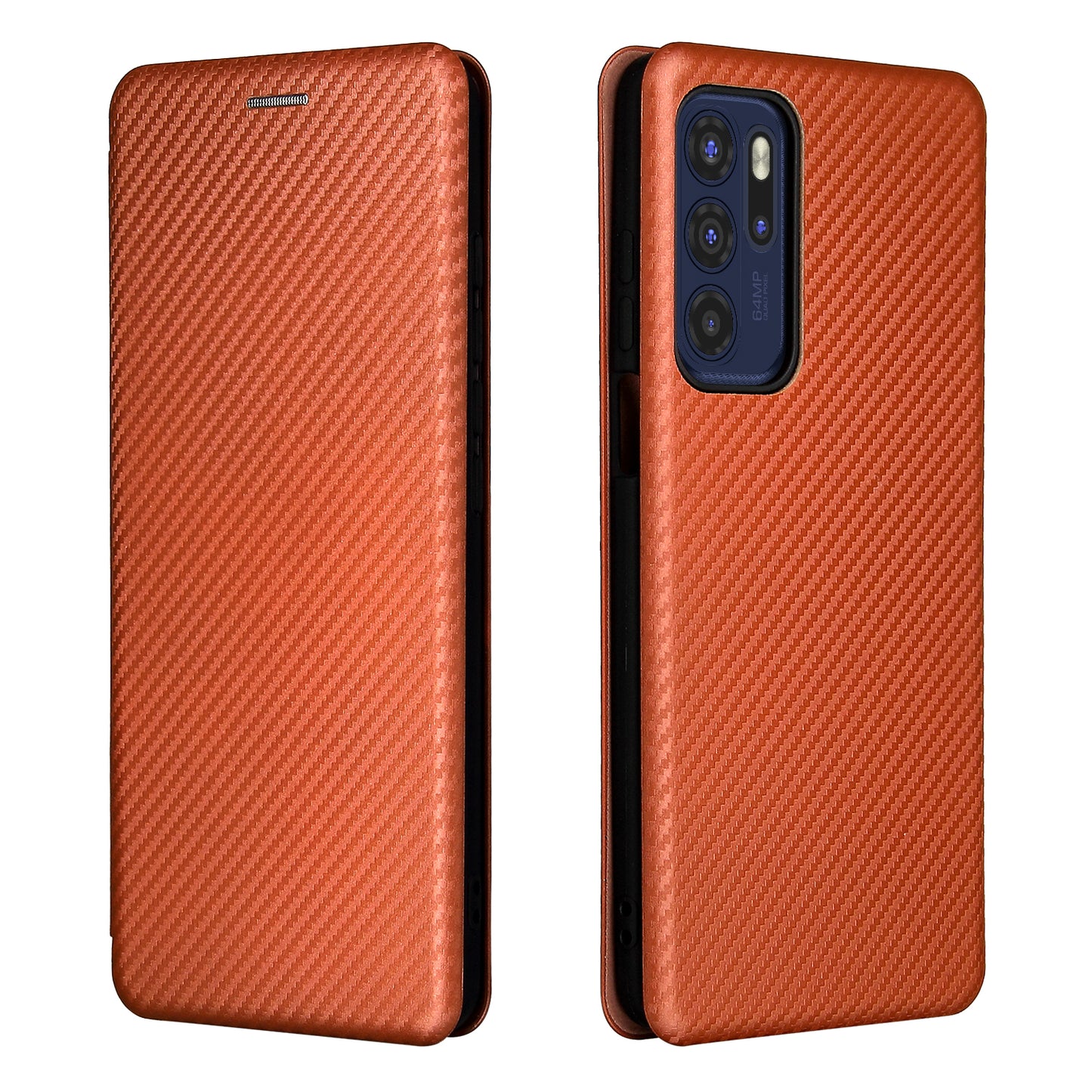 Carbon Fiber Texture Leather Automatic Absorption Case with Card Slot and Ring Strap for Motorola Moto G60S