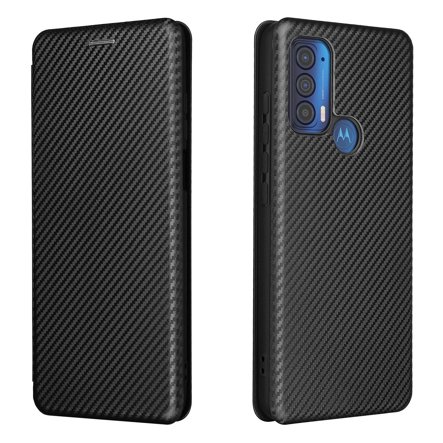 Carbon Fiber Texture Leather Phone Case with Card Slot and Ring Strap for Motorola Edge (2021)