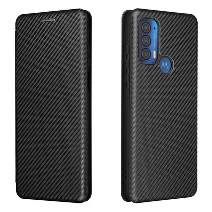 Carbon Fiber Texture Leather Phone Case with Card Slot and Ring Strap for Motorola Edge (2021)