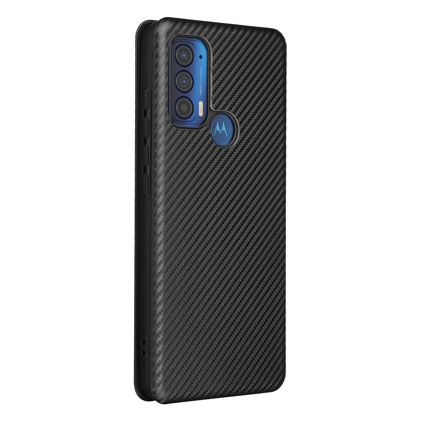 Carbon Fiber Texture Leather Phone Case with Card Slot and Ring Strap for Motorola Edge (2021)