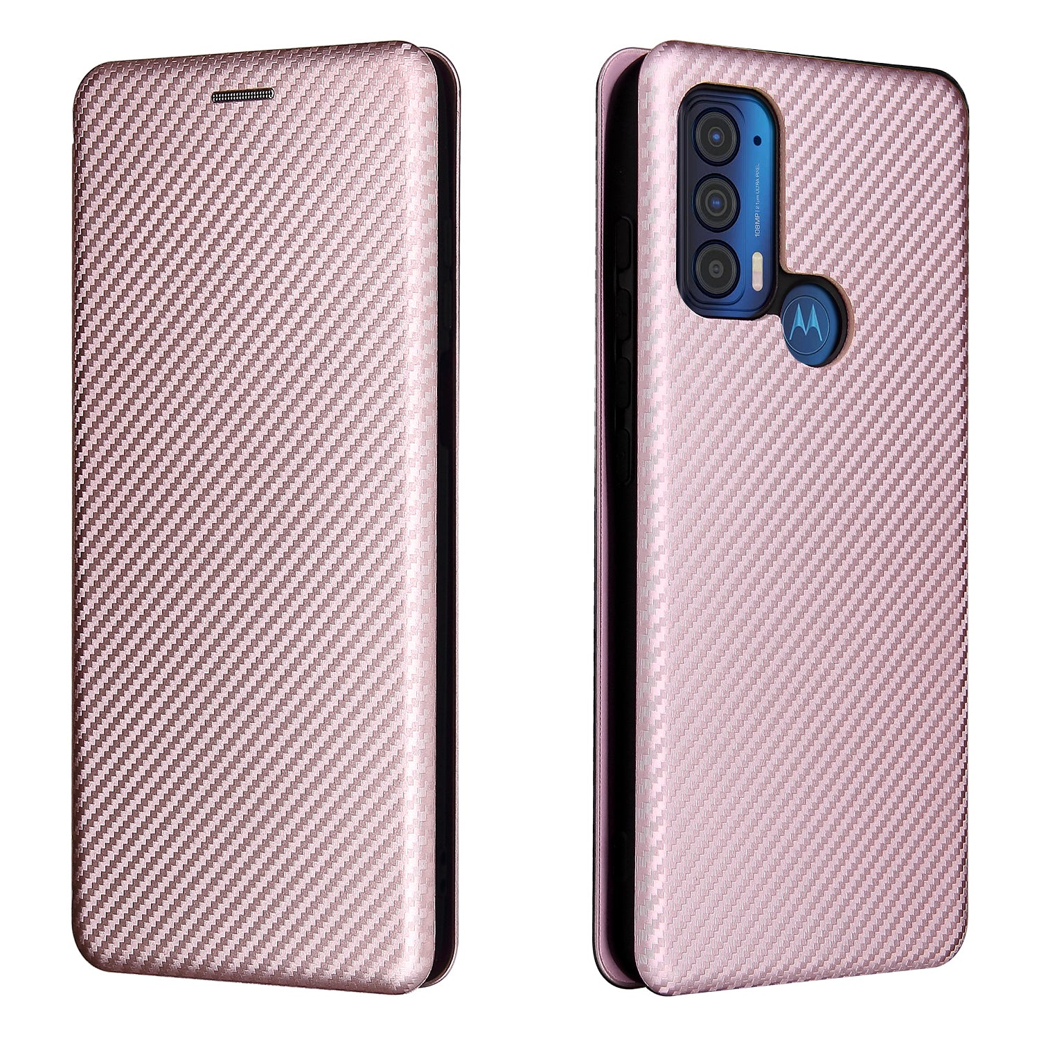 Carbon Fiber Texture Leather Phone Case with Card Slot and Ring Strap for Motorola Edge (2021)