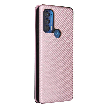 Carbon Fiber Texture Leather Phone Case with Card Slot and Ring Strap for Motorola Edge (2021)