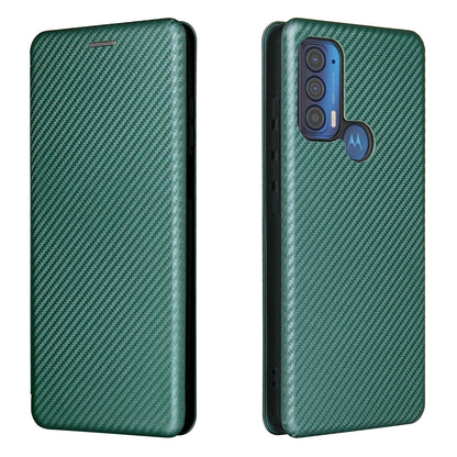 Carbon Fiber Texture Leather Phone Case with Card Slot and Ring Strap for Motorola Edge (2021)