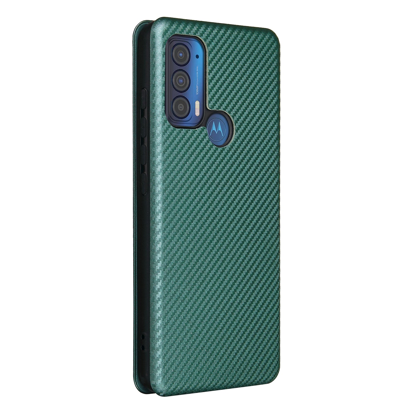 Carbon Fiber Texture Leather Phone Case with Card Slot and Ring Strap for Motorola Edge (2021)