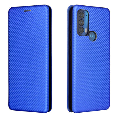 Carbon Fiber Texture Leather Phone Case with Card Slot and Ring Strap for Motorola Edge (2021)