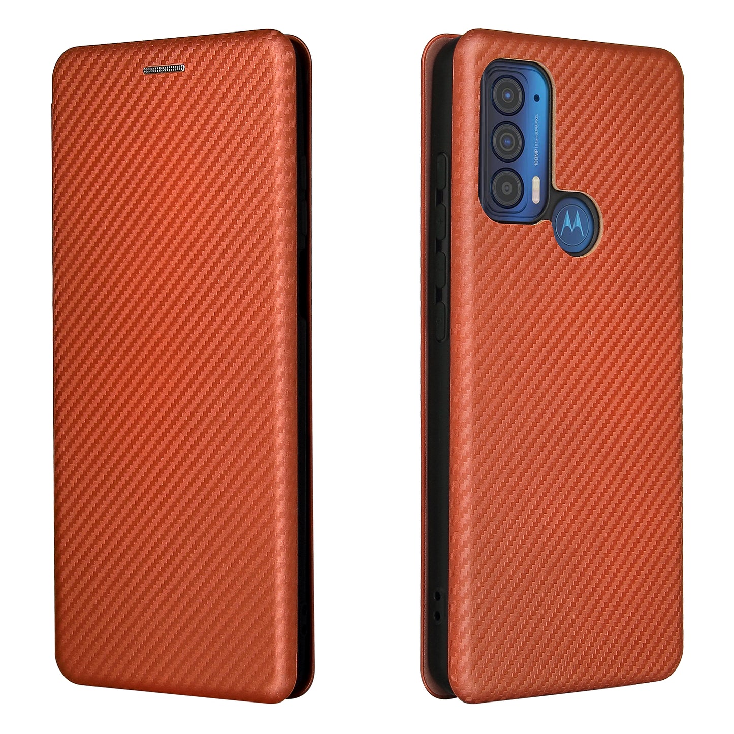 Carbon Fiber Texture Leather Phone Case with Card Slot and Ring Strap for Motorola Edge (2021)