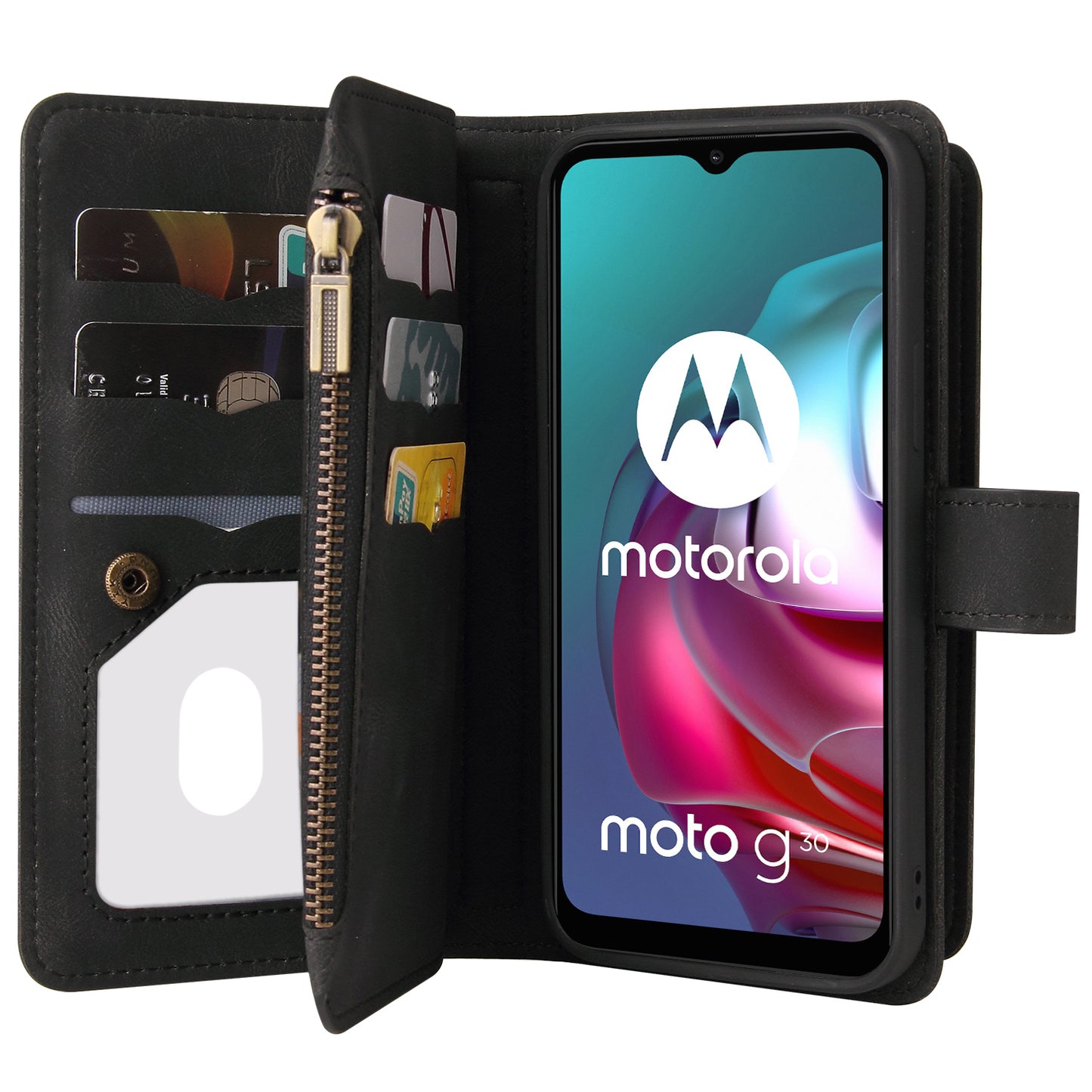 For Motorola Moto G10 / G30 Inner TPU+PU Leather Shell KT Multi-functional Series-2 Multiple Card Slots Phone Wallet Stand Case with Wrist Strap and Zipper Pocket