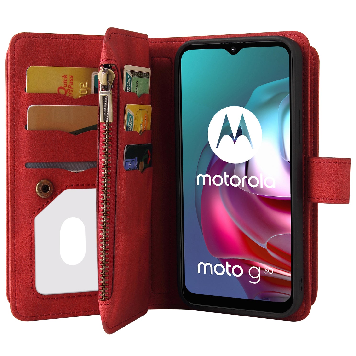 For Motorola Moto G10 / G30 Inner TPU+PU Leather Shell KT Multi-functional Series-2 Multiple Card Slots Phone Wallet Stand Case with Wrist Strap and Zipper Pocket