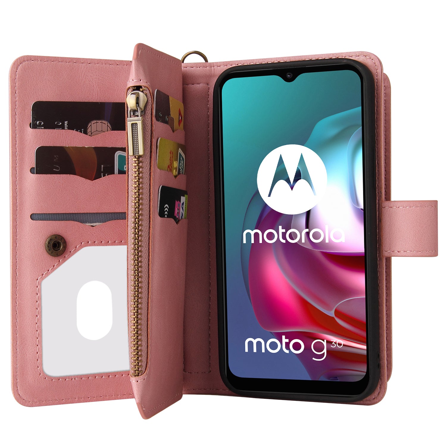 For Motorola Moto G10 / G30 Inner TPU+PU Leather Shell KT Multi-functional Series-2 Multiple Card Slots Phone Wallet Stand Case with Wrist Strap and Zipper Pocket