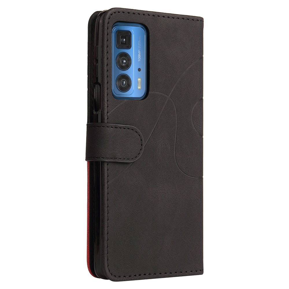 KT Leather Series-1 Dual-Color Splicing PU Leather Wallet Case for Motorola Edge 20 Pro, Folio Flip Stand Shockproof Protective Cover with Strap