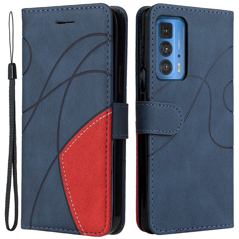 KT Leather Series-1 Dual-Color Splicing PU Leather Wallet Case for Motorola Edge 20 Pro, Folio Flip Stand Shockproof Protective Cover with Strap