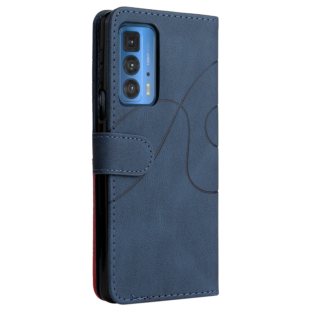 KT Leather Series-1 Dual-Color Splicing PU Leather Wallet Case for Motorola Edge 20 Pro, Folio Flip Stand Shockproof Protective Cover with Strap