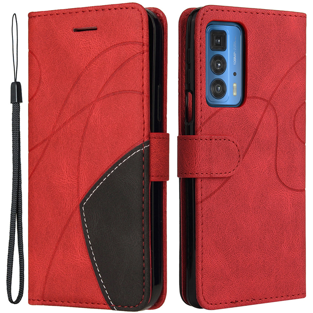 KT Leather Series-1 Dual-Color Splicing PU Leather Wallet Case for Motorola Edge 20 Pro, Folio Flip Stand Shockproof Protective Cover with Strap