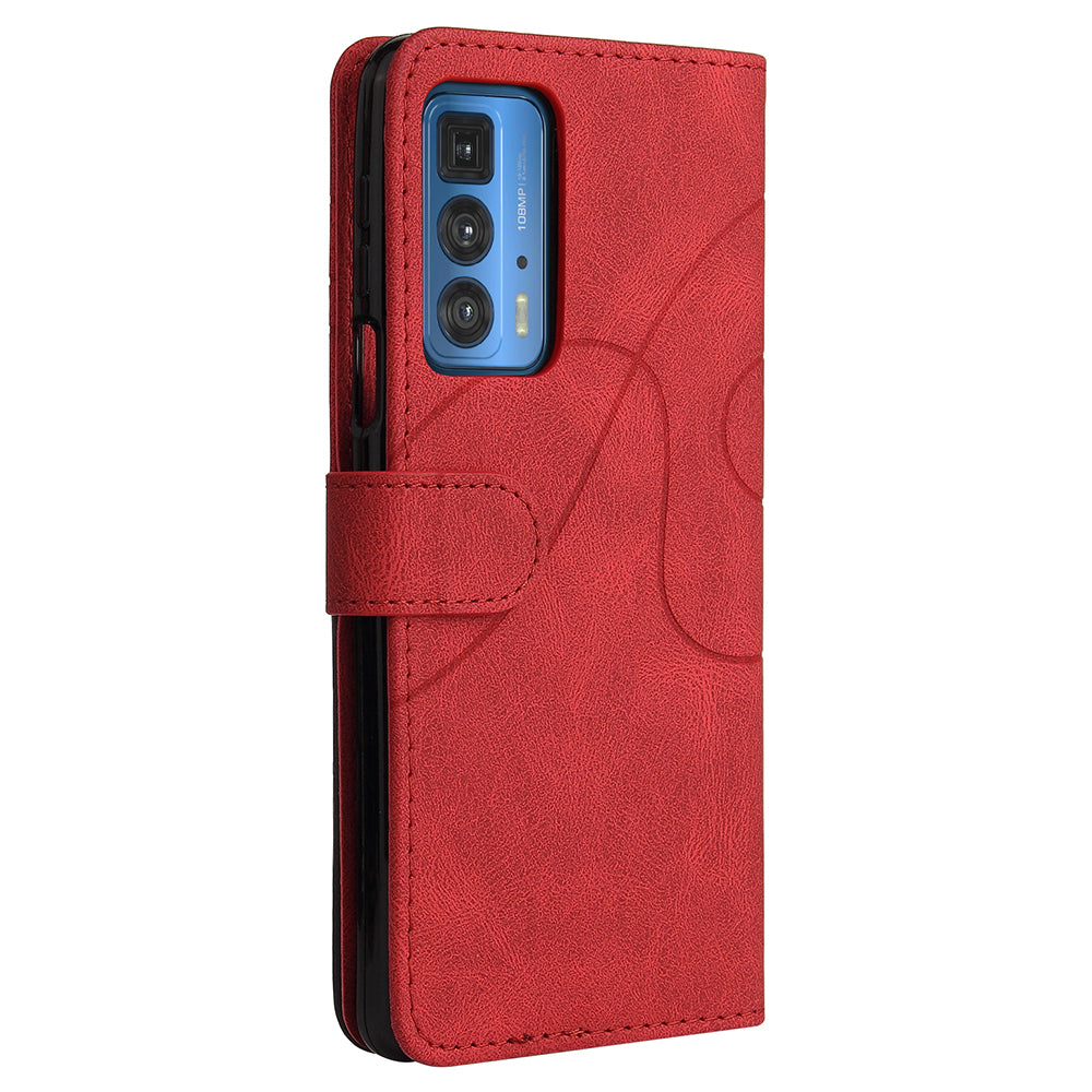 KT Leather Series-1 Dual-Color Splicing PU Leather Wallet Case for Motorola Edge 20 Pro, Folio Flip Stand Shockproof Protective Cover with Strap