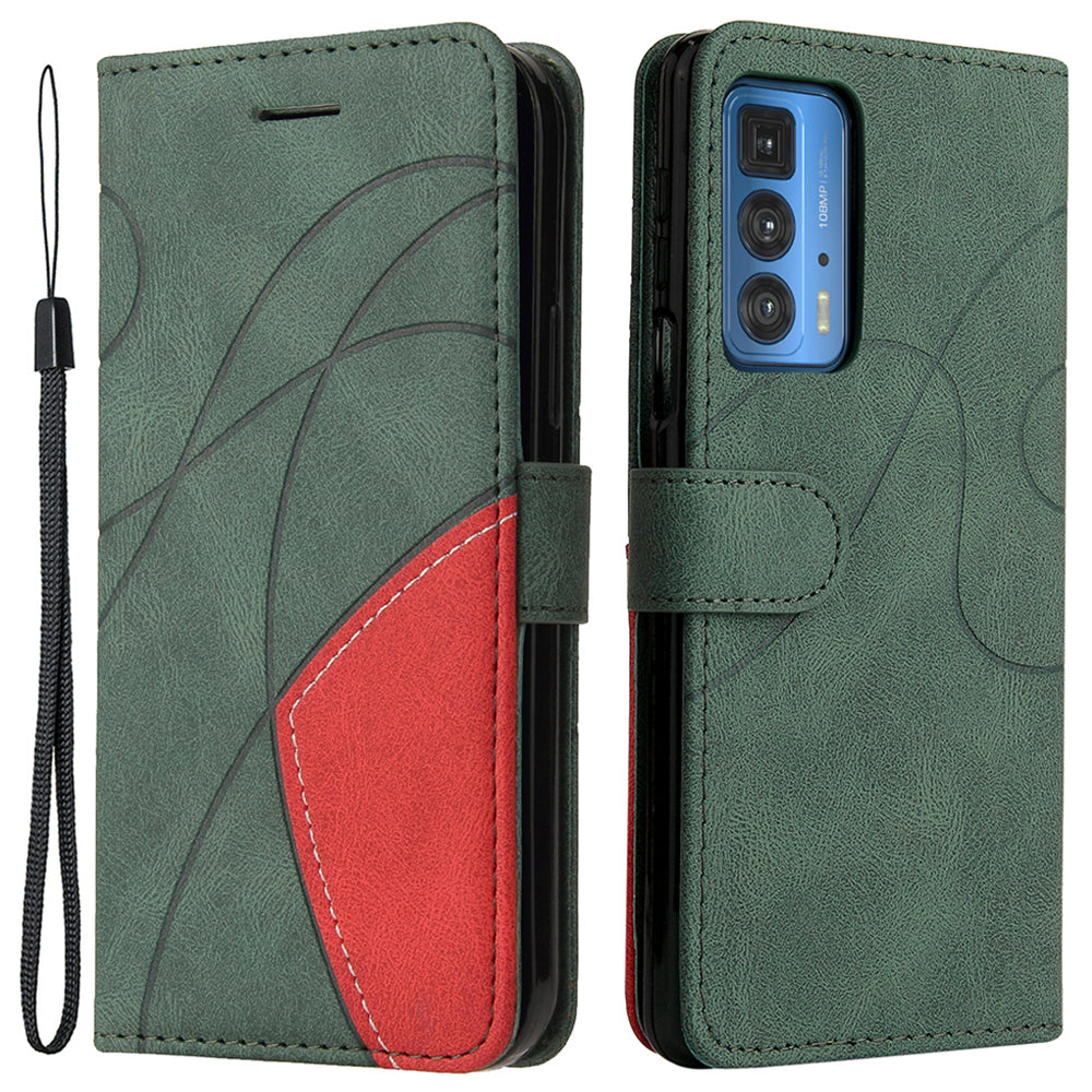 KT Leather Series-1 Dual-Color Splicing PU Leather Wallet Case for Motorola Edge 20 Pro, Folio Flip Stand Shockproof Protective Cover with Strap