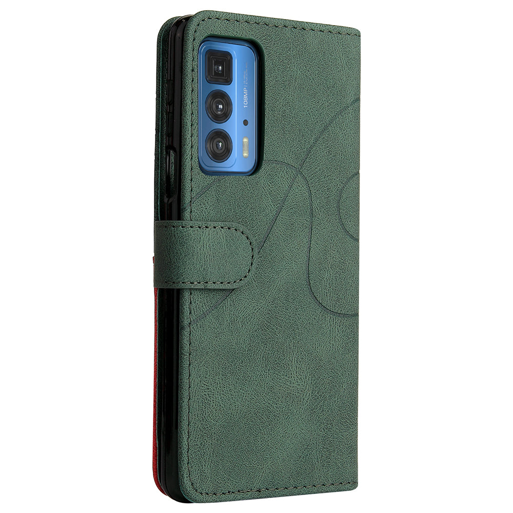 KT Leather Series-1 Dual-Color Splicing PU Leather Wallet Case for Motorola Edge 20 Pro, Folio Flip Stand Shockproof Protective Cover with Strap