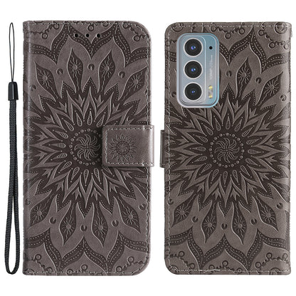 Fashionable KT Imprinting Flower Series-1 Sunflower Imprint Handy Strap PU Leather Wallet Stand Phone Shell for Motorola Edge 20