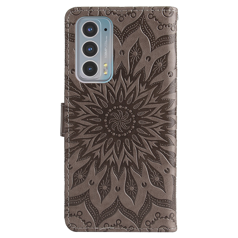 Fashionable KT Imprinting Flower Series-1 Sunflower Imprint Handy Strap PU Leather Wallet Stand Phone Shell for Motorola Edge 20