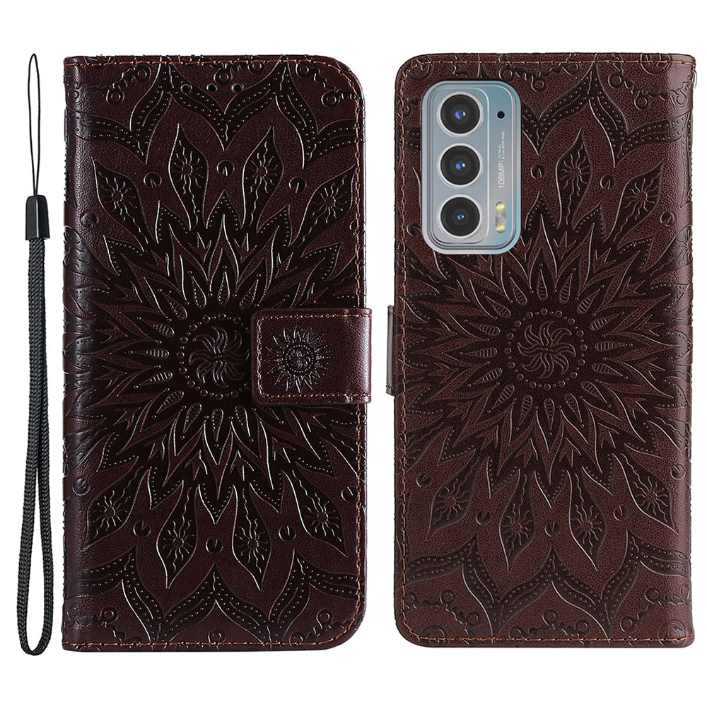 Fashionable KT Imprinting Flower Series-1 Sunflower Imprint Handy Strap PU Leather Wallet Stand Phone Shell for Motorola Edge 20