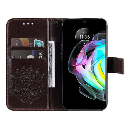 Fashionable KT Imprinting Flower Series-1 Sunflower Imprint Handy Strap PU Leather Wallet Stand Phone Shell for Motorola Edge 20