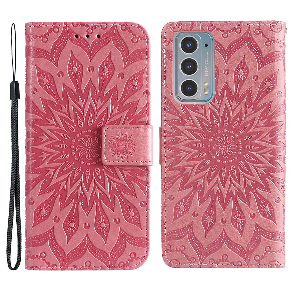 Fashionable KT Imprinting Flower Series-1 Sunflower Imprint Handy Strap PU Leather Wallet Stand Phone Shell for Motorola Edge 20