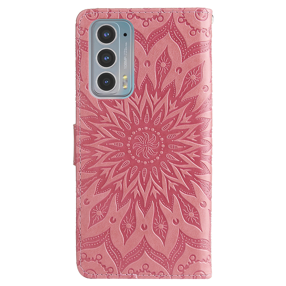 Fashionable KT Imprinting Flower Series-1 Sunflower Imprint Handy Strap PU Leather Wallet Stand Phone Shell for Motorola Edge 20