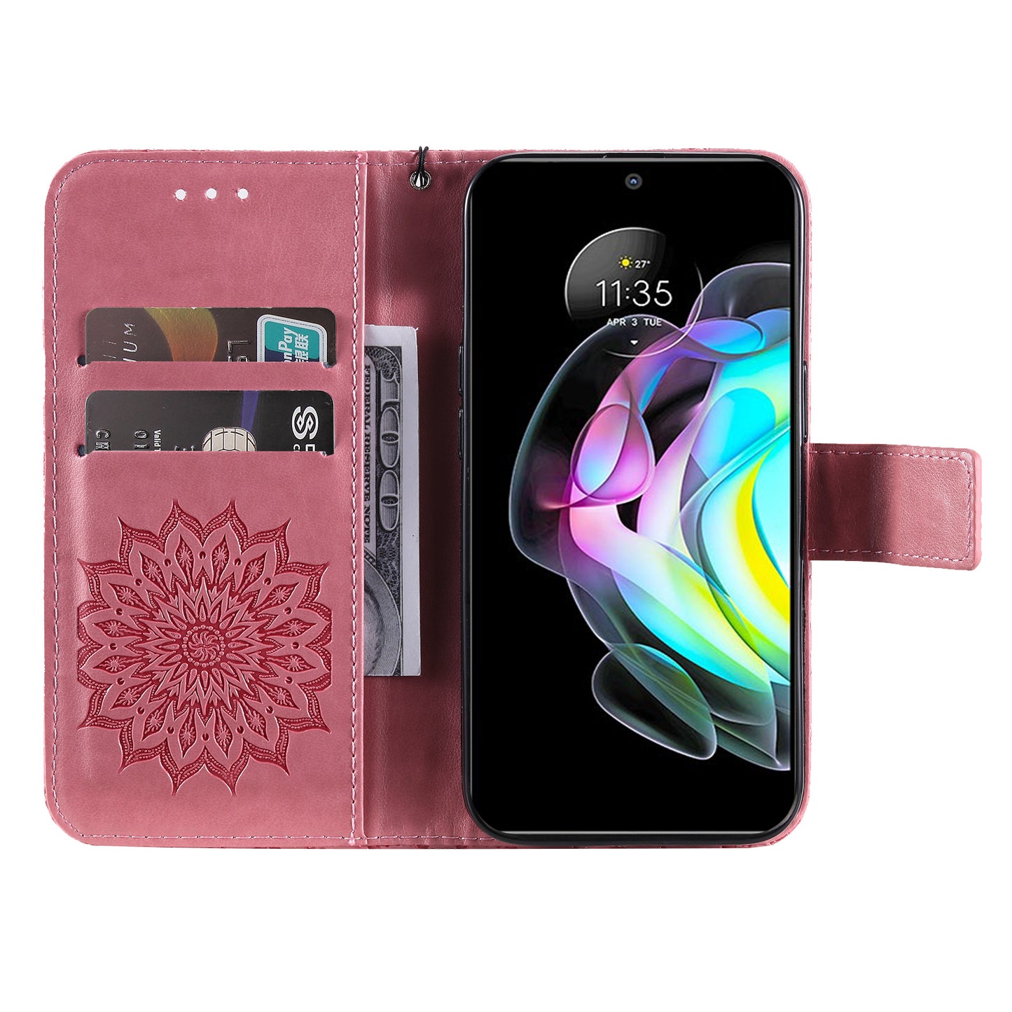 Fashionable KT Imprinting Flower Series-1 Sunflower Imprint Handy Strap PU Leather Wallet Stand Phone Shell for Motorola Edge 20