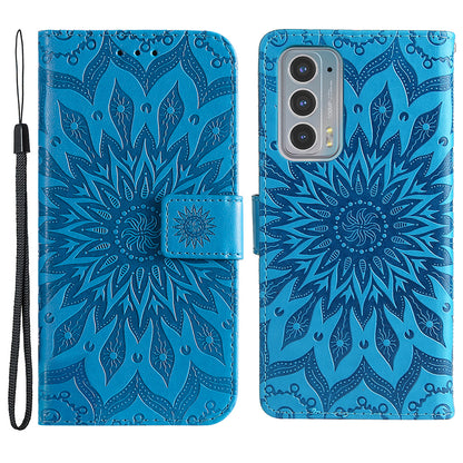 Fashionable KT Imprinting Flower Series-1 Sunflower Imprint Handy Strap PU Leather Wallet Stand Phone Shell for Motorola Edge 20