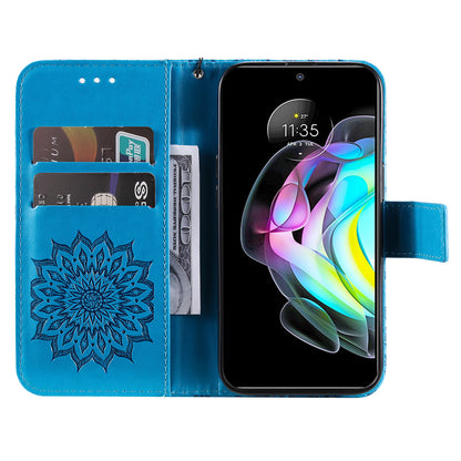 Fashionable KT Imprinting Flower Series-1 Sunflower Imprint Handy Strap PU Leather Wallet Stand Phone Shell for Motorola Edge 20