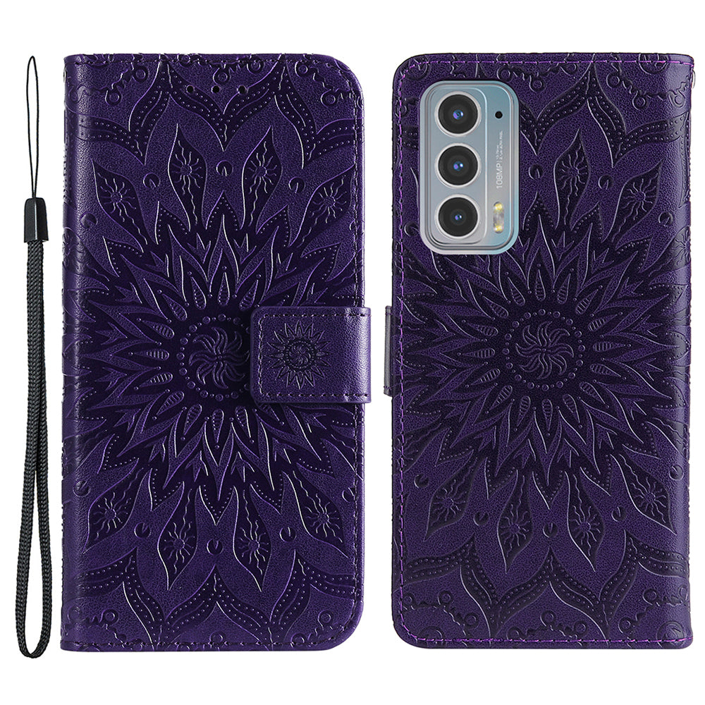 Fashionable KT Imprinting Flower Series-1 Sunflower Imprint Handy Strap PU Leather Wallet Stand Phone Shell for Motorola Edge 20