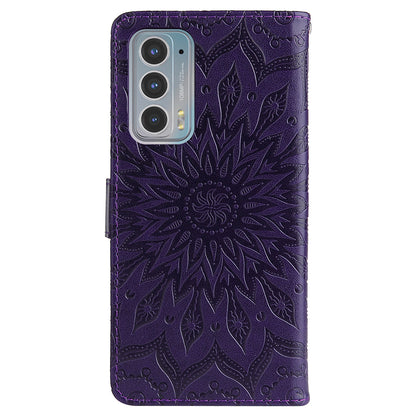 Fashionable KT Imprinting Flower Series-1 Sunflower Imprint Handy Strap PU Leather Wallet Stand Phone Shell for Motorola Edge 20