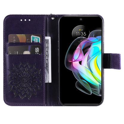 Fashionable KT Imprinting Flower Series-1 Sunflower Imprint Handy Strap PU Leather Wallet Stand Phone Shell for Motorola Edge 20