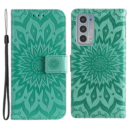 Fashionable KT Imprinting Flower Series-1 Sunflower Imprint Handy Strap PU Leather Wallet Stand Phone Shell for Motorola Edge 20