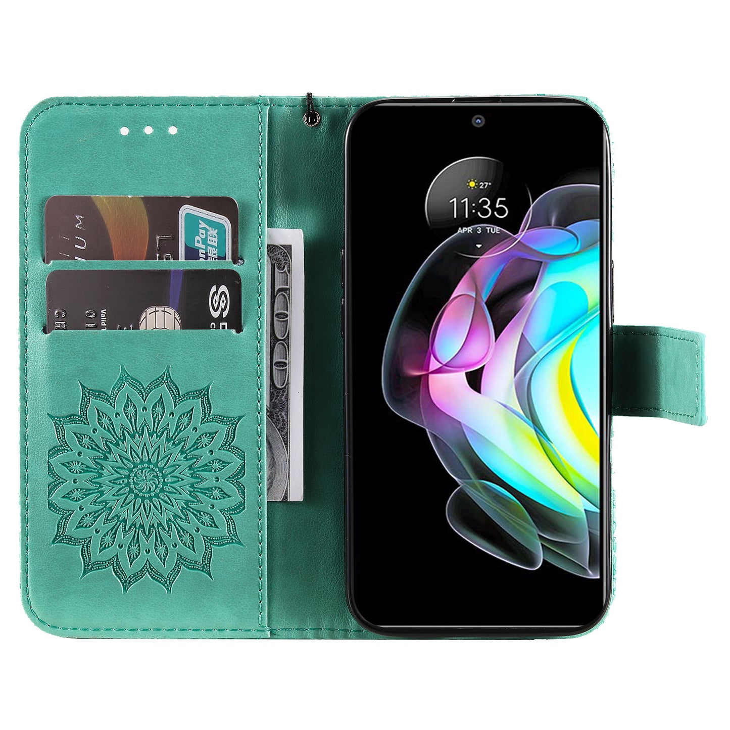 Fashionable KT Imprinting Flower Series-1 Sunflower Imprint Handy Strap PU Leather Wallet Stand Phone Shell for Motorola Edge 20