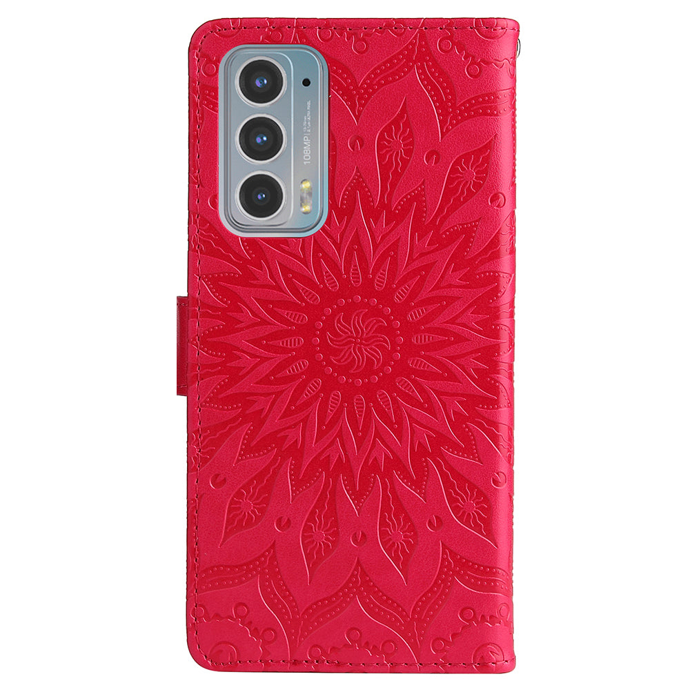 Fashionable KT Imprinting Flower Series-1 Sunflower Imprint Handy Strap PU Leather Wallet Stand Phone Shell for Motorola Edge 20