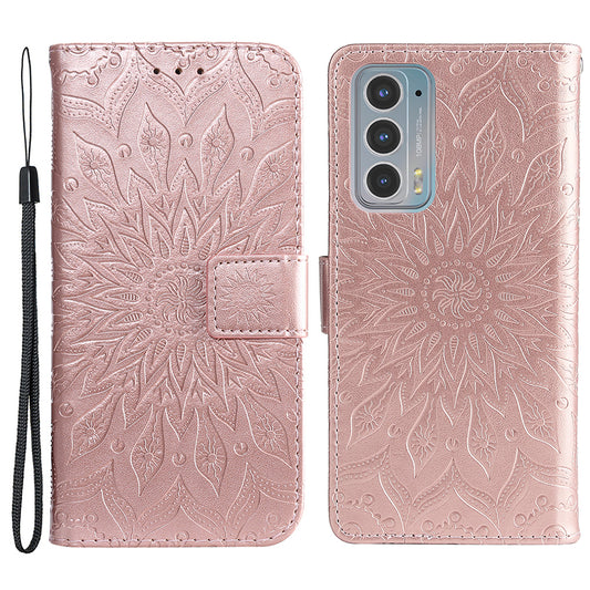 Fashionable KT Imprinting Flower Series-1 Sunflower Imprint Handy Strap PU Leather Wallet Stand Phone Shell for Motorola Edge 20