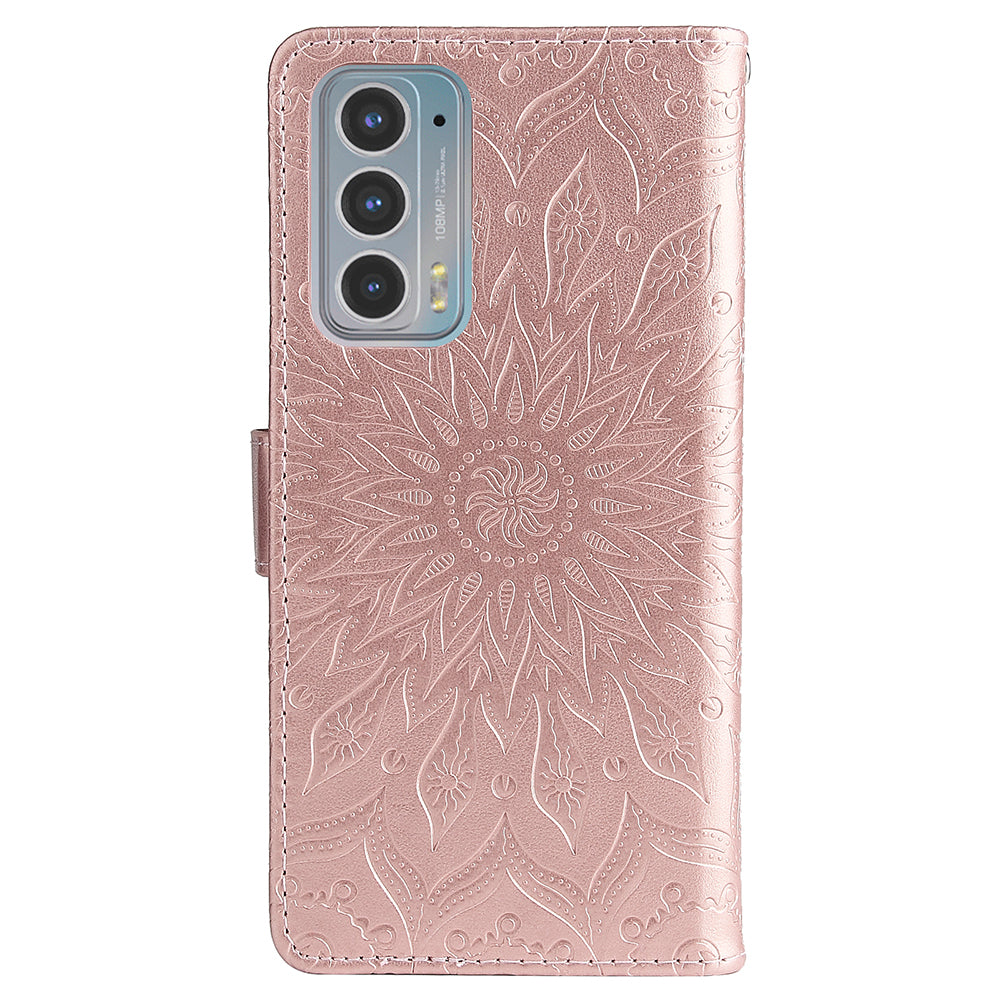 Fashionable KT Imprinting Flower Series-1 Sunflower Imprint Handy Strap PU Leather Wallet Stand Phone Shell for Motorola Edge 20