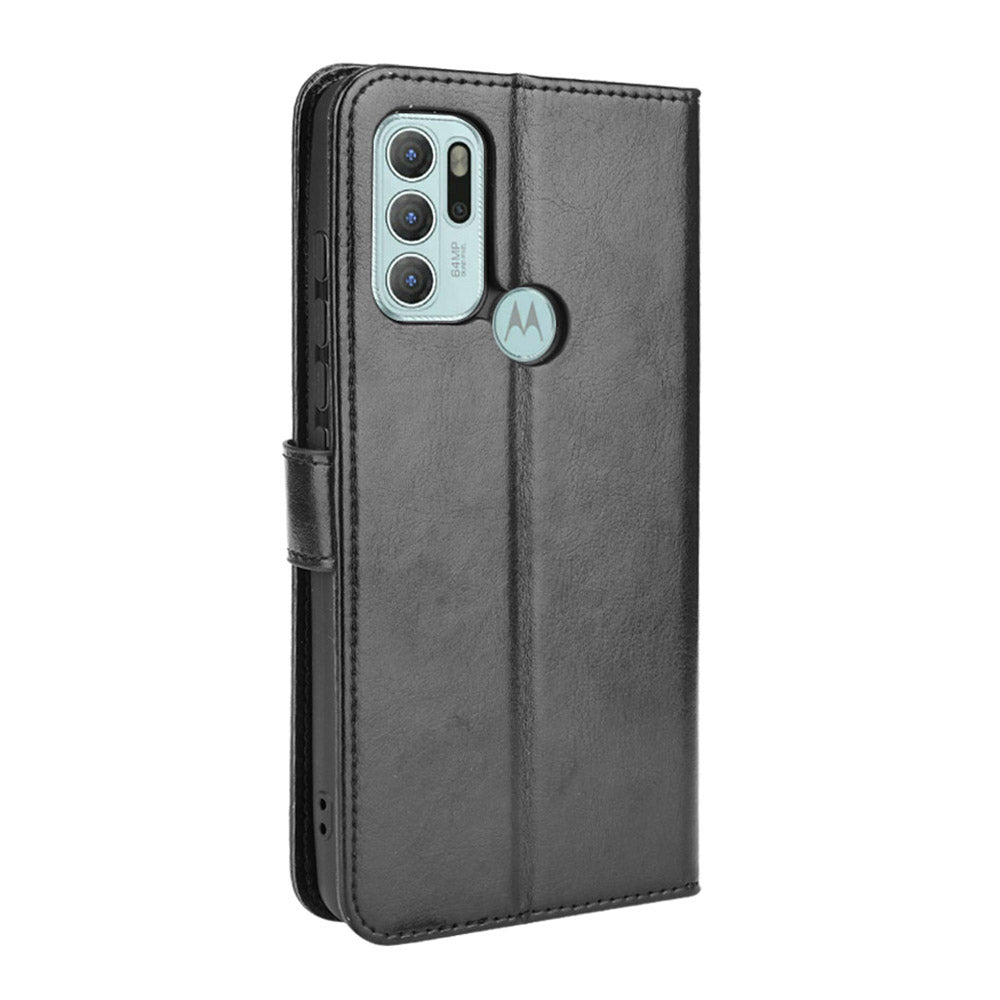 Shockproof Anti-Drop Crazy Horse Texture Leather Wallet Wrist Strap Design Phone Case with Stand for Motorola Moto G60S