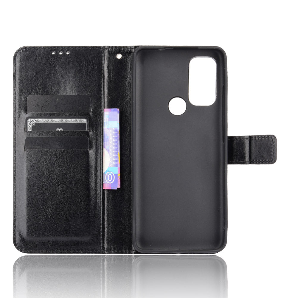 Shockproof Anti-Drop Crazy Horse Texture Leather Wallet Wrist Strap Design Phone Case with Stand for Motorola Moto G60S