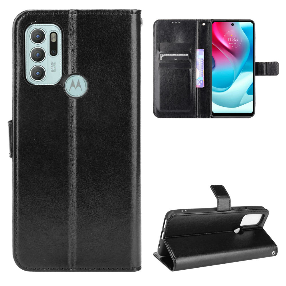 Shockproof Anti-Drop Crazy Horse Texture Leather Wallet Wrist Strap Design Phone Case with Stand for Motorola Moto G60S