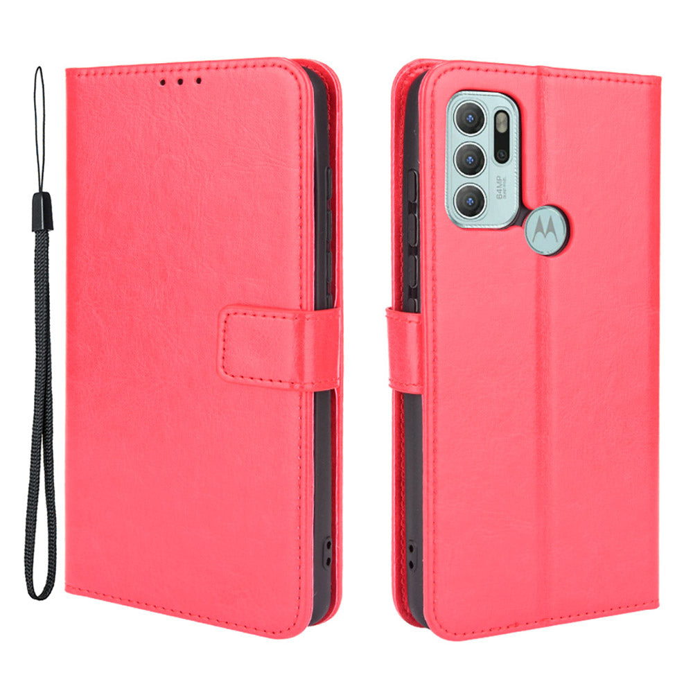 Shockproof Anti-Drop Crazy Horse Texture Leather Wallet Wrist Strap Design Phone Case with Stand for Motorola Moto G60S