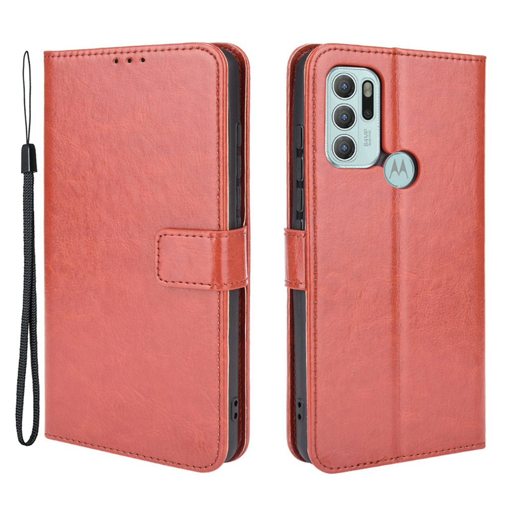 Shockproof Anti-Drop Crazy Horse Texture Leather Wallet Wrist Strap Design Phone Case with Stand for Motorola Moto G60S