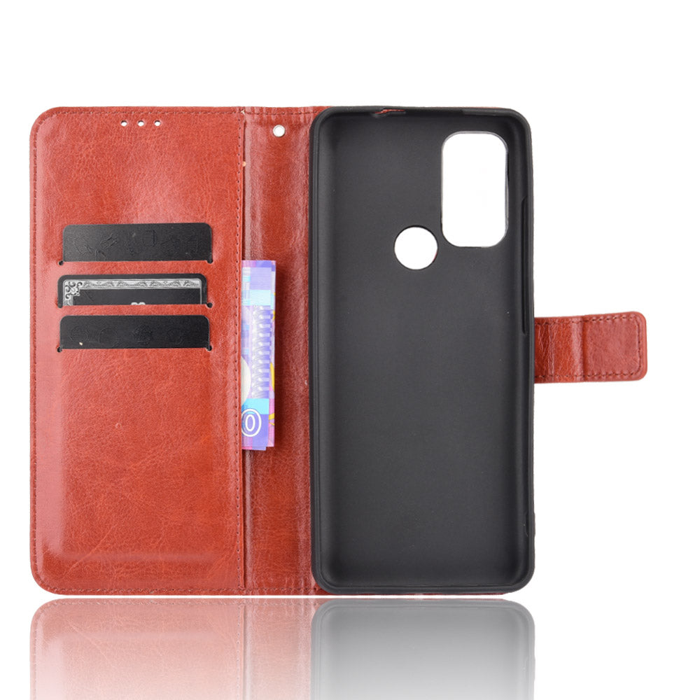 Shockproof Anti-Drop Crazy Horse Texture Leather Wallet Wrist Strap Design Phone Case with Stand for Motorola Moto G60S