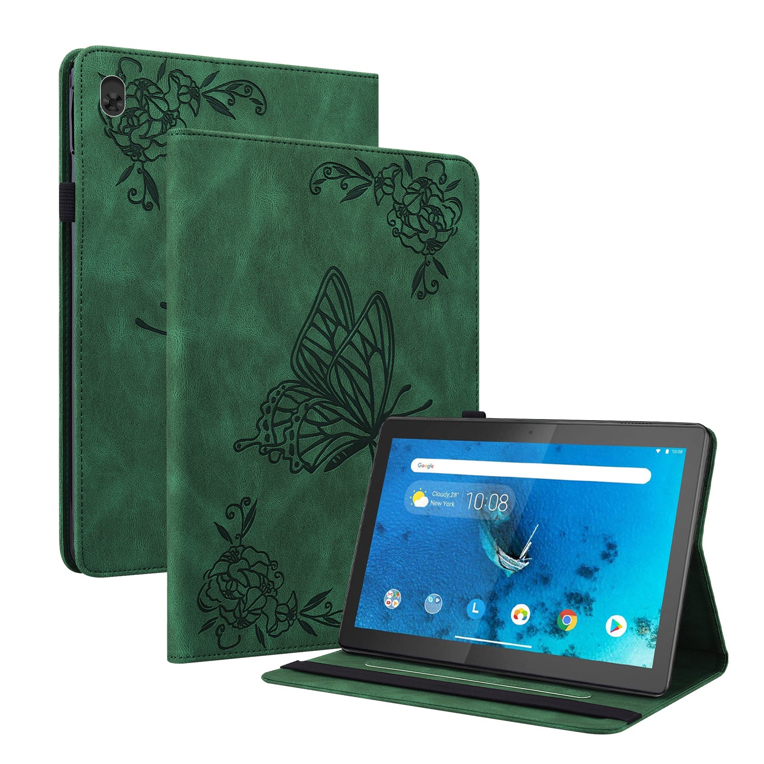 Viewing Stand Butterfly Flower Pattern Imprinting Leather Folio Cover with Elastic Band for Lenovo Tab M10 TB-X605F