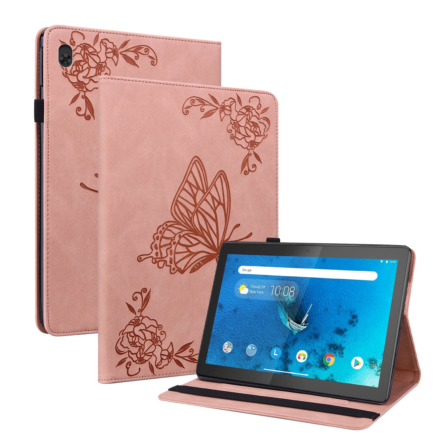 Viewing Stand Butterfly Flower Pattern Imprinting Leather Folio Cover with Elastic Band for Lenovo Tab M10 TB-X605F