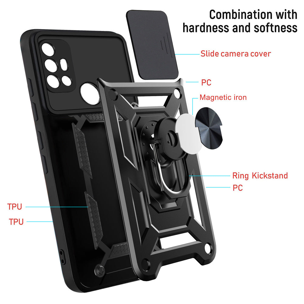 Camera Slide Cover Phone Hybrid Case Protective Shell with Ring Kickstand for Motorola Moto G30