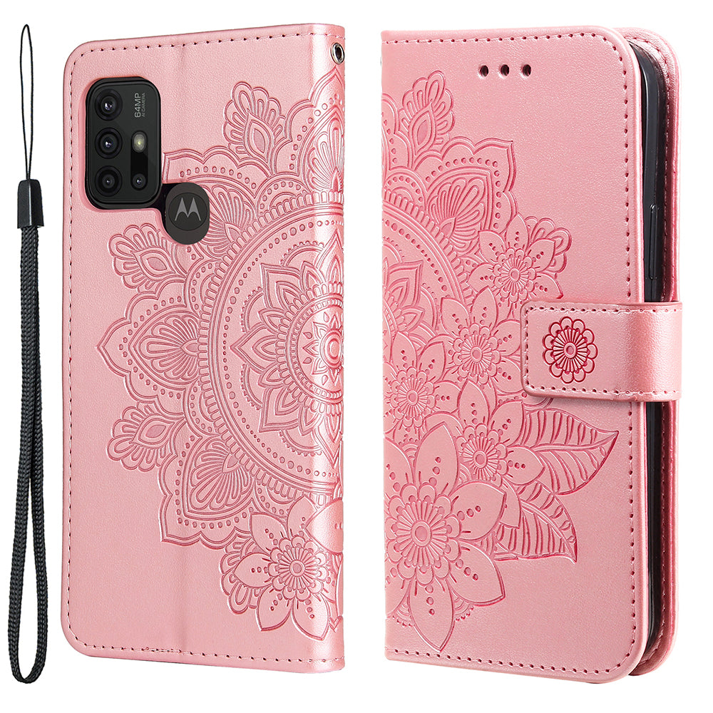 Shockproof Full Coverage Phone Flip Case Imprint Flower Pattern PU Leather Wallet Phone Cover with Wrist Strap for Motorola Moto G10/G30/G20/G10 Power